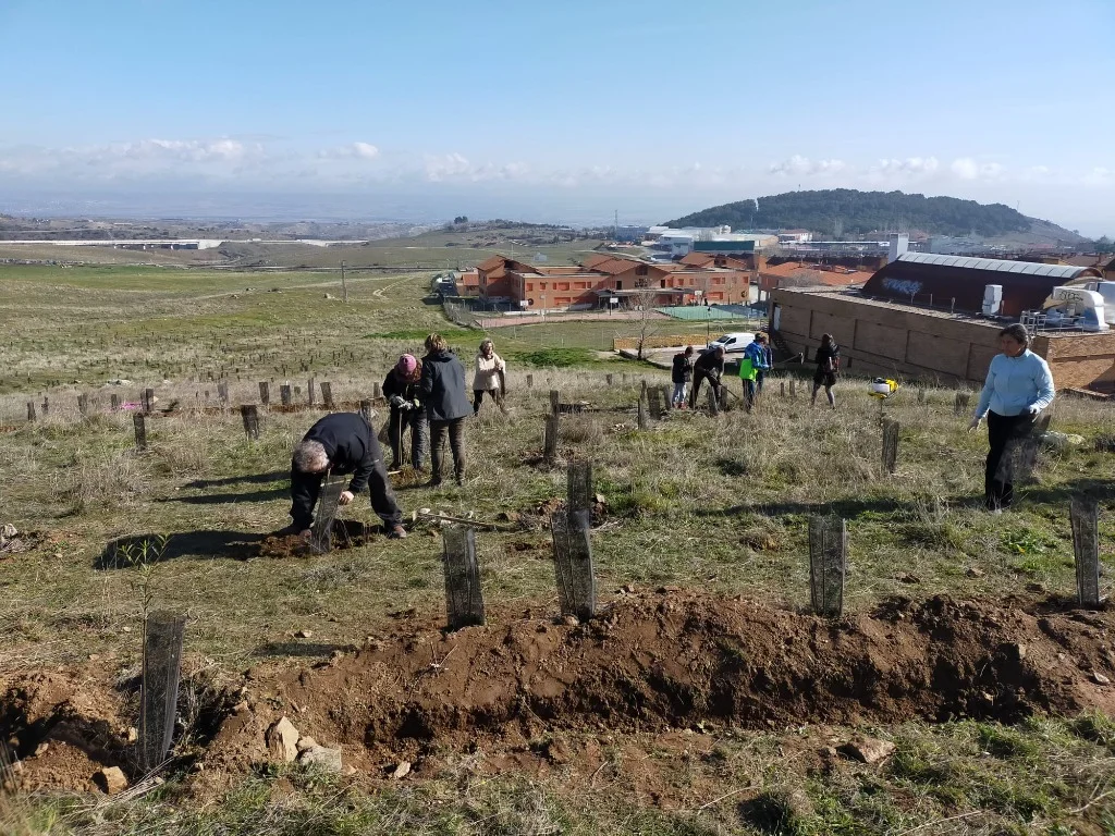 Un grupo de vecinos de todas las edades trabajando juntos durante una jornada de plantaci&oacute;n comunitaria